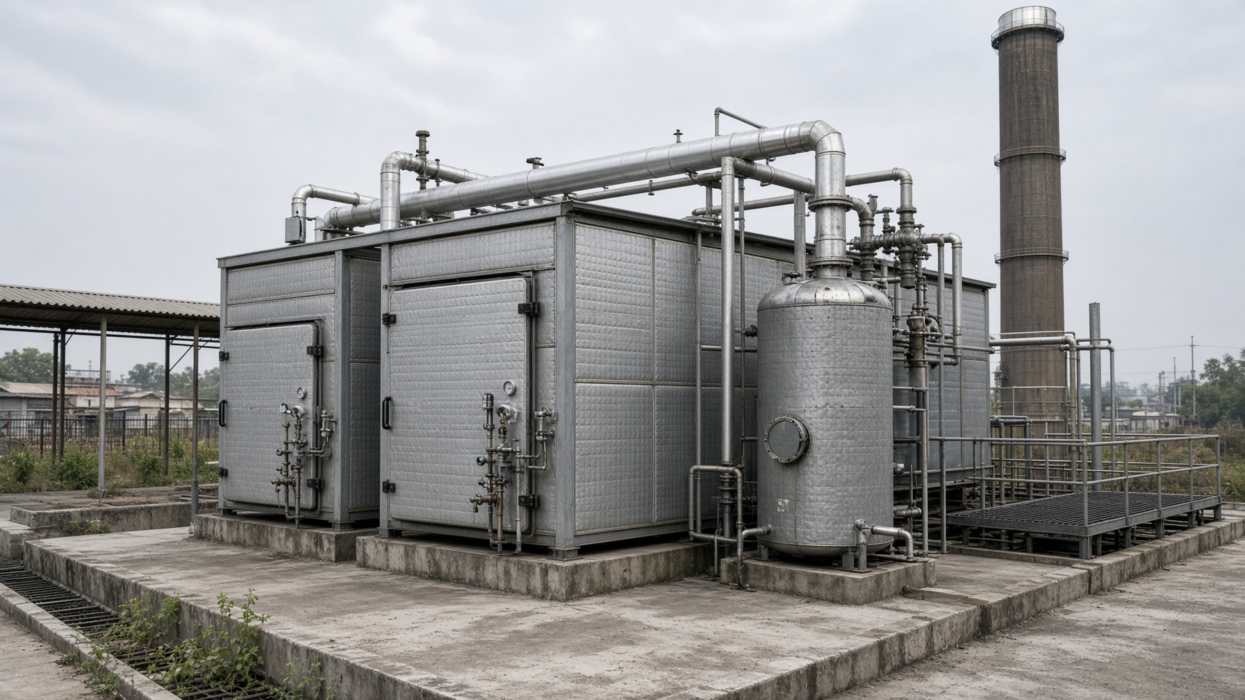 Packaged industrial steam boiler house with lagged steam header