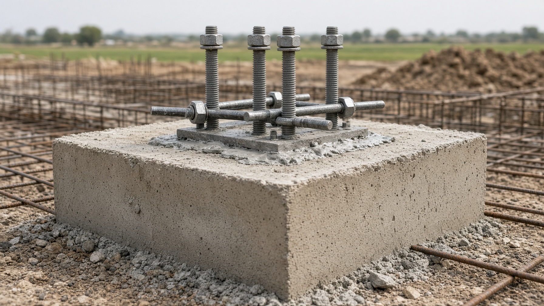 PEB anchor bolts set in a concrete pedestal foundation