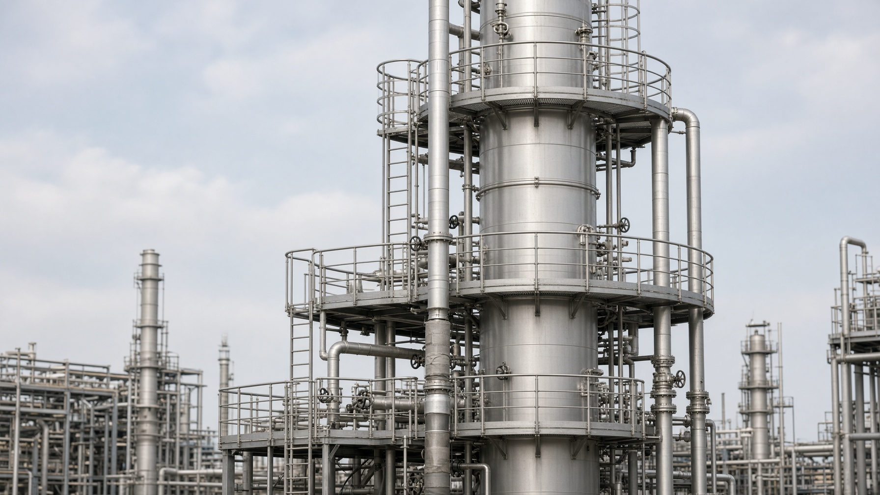 Stainless-steel process column with platforms and piping