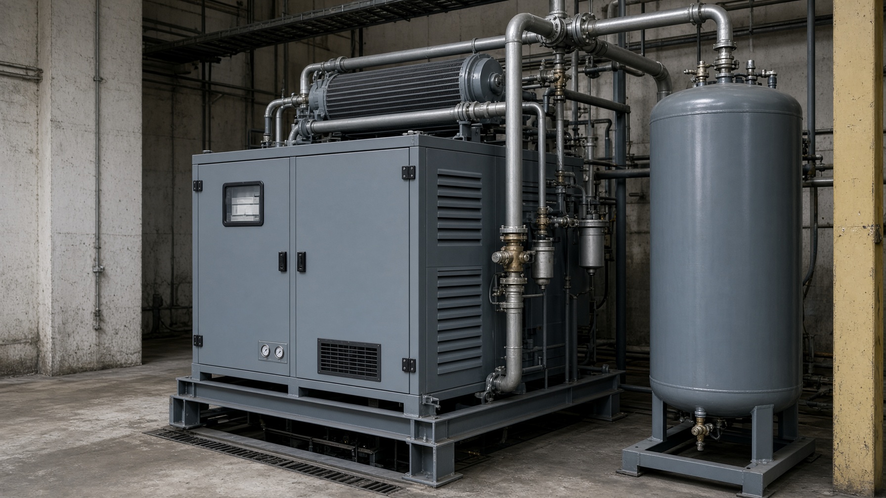 Industrial rotary screw air compressor package in a plant house