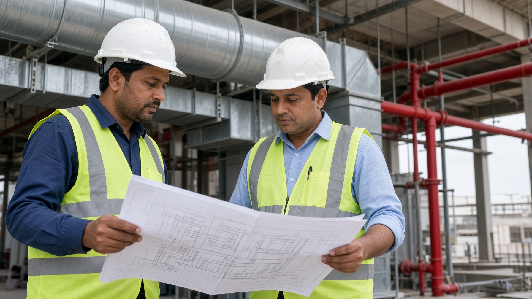 Site engineers reviewing drawings beside exposed services
