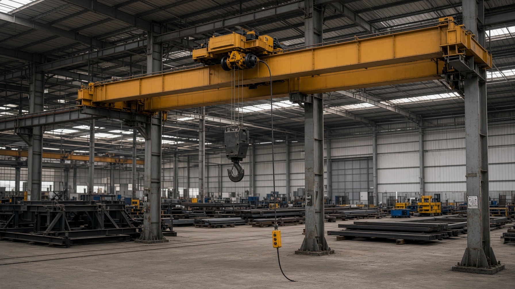 Double-girder EOT overhead crane in an industrial fabrication bay
