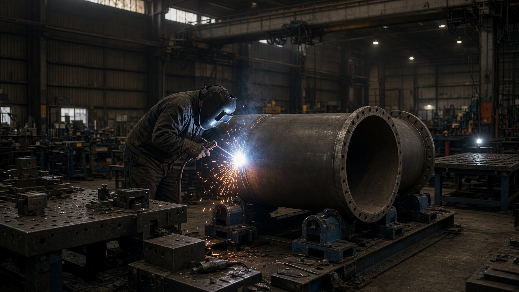Welding a steel pipe spool in the fabrication workshop