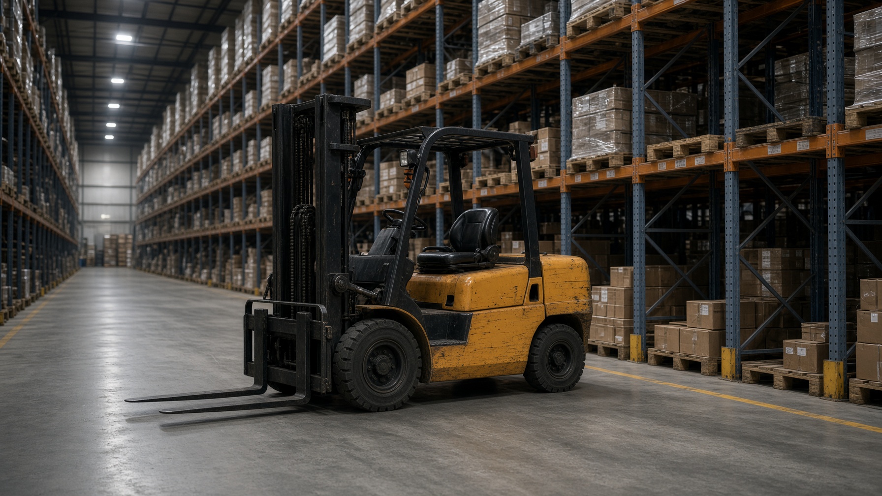 Diesel counterbalance forklift in a high-bay warehouse aisle