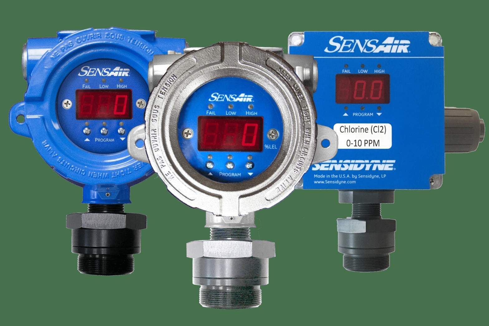 Fixed flameproof gas detection sensors on an industrial pipe rack