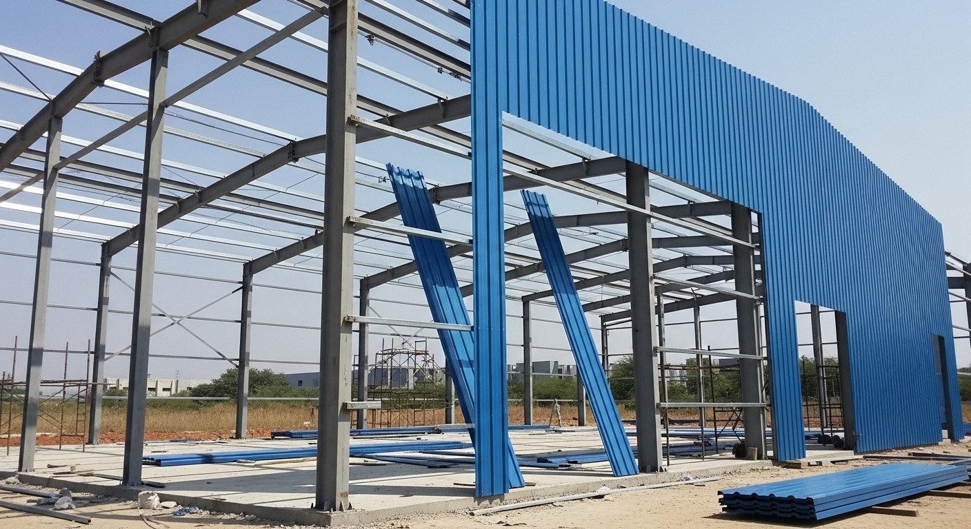 Industrial PEB shed with colour-coated cladding and canopy