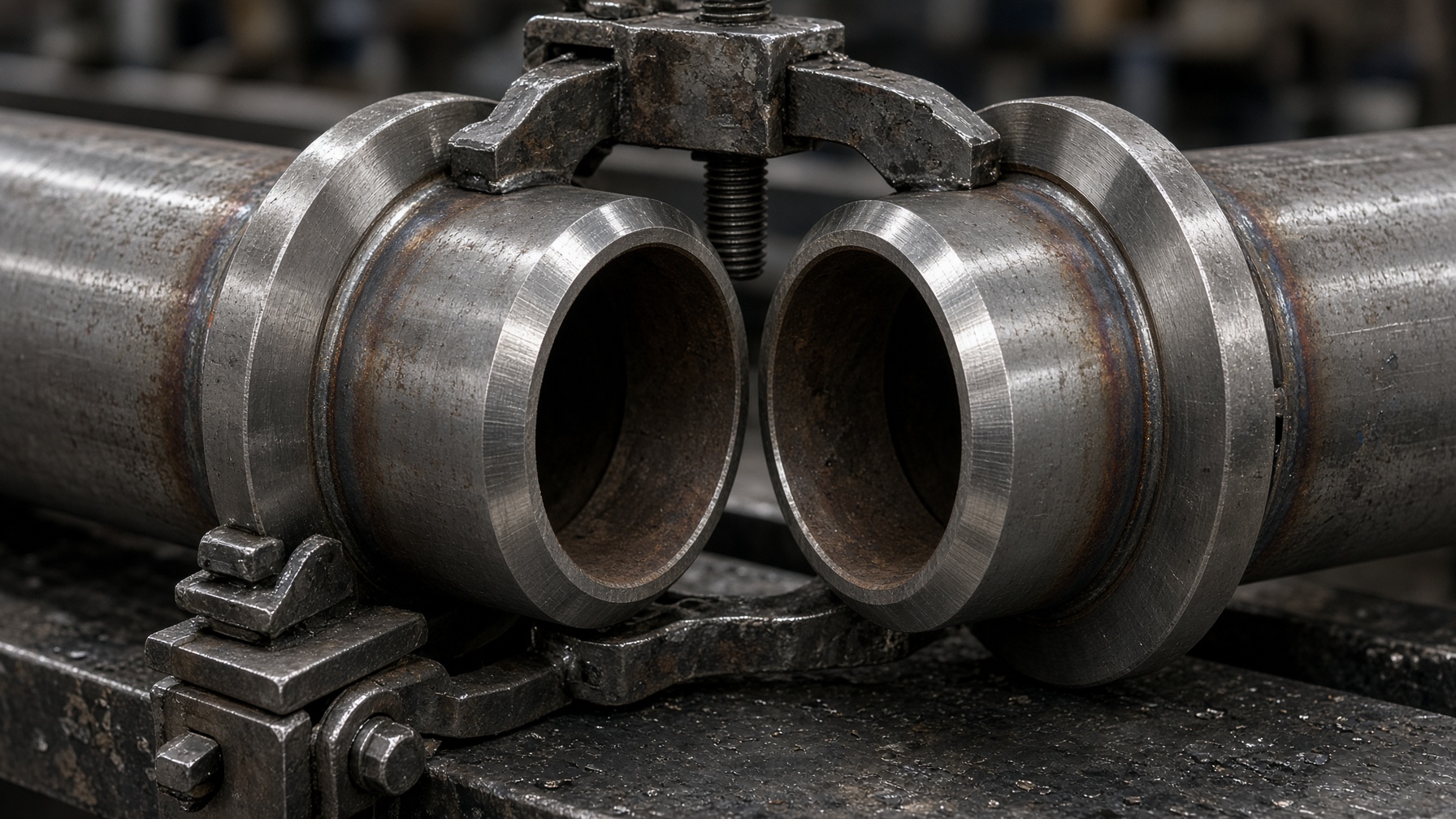 Bevelled pipe ends and weld-neck flanges in fit-up on a fabrication bed