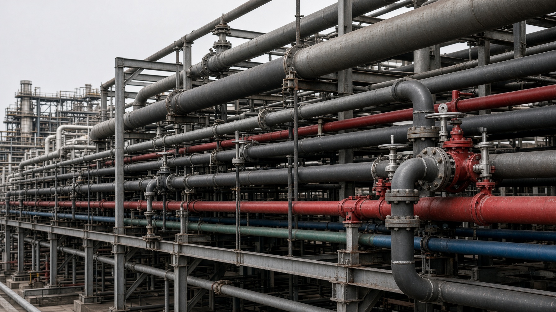 Industrial process and fire-water pipe rack with valves and flanges
