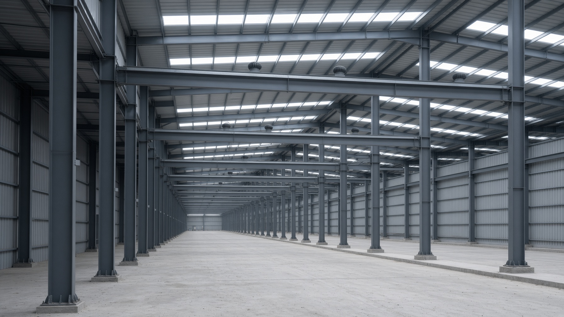 Structural steel columns and crane beams inside a PEB industrial shed