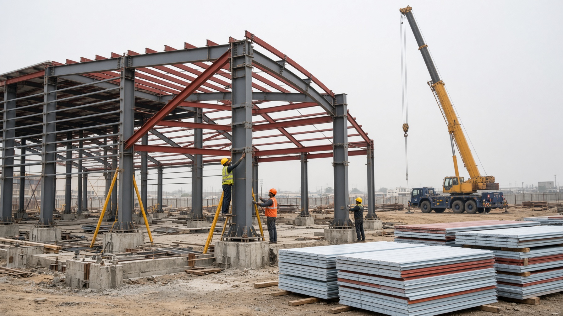 Structural steel PEB frames being erected on an industrial plot