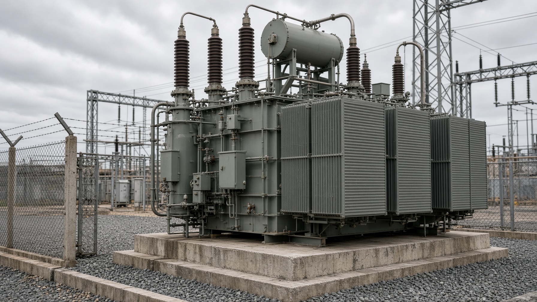 Oil-filled distribution transformer on a concrete plinth in a switchyard